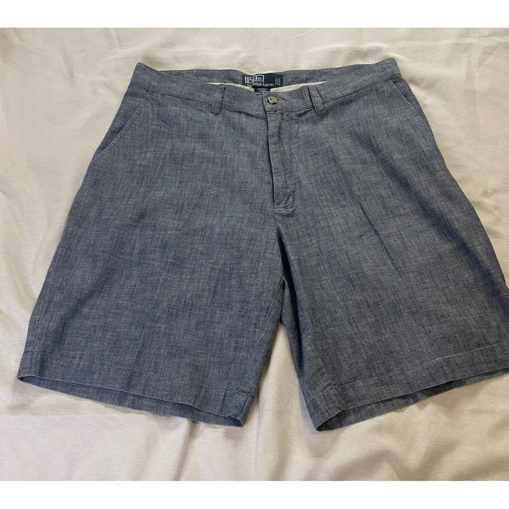 Polo Ralph Lauren Prospect Short Mens 34 Blue Chambray Cotton Classic Flat Front